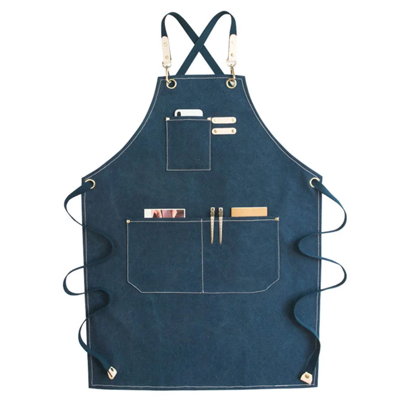 Cross-back Canvas Apron Gray Cafe Barista Bartender Pastry Chef Uniform Blue Florist Barber Hairdresser Work Wear