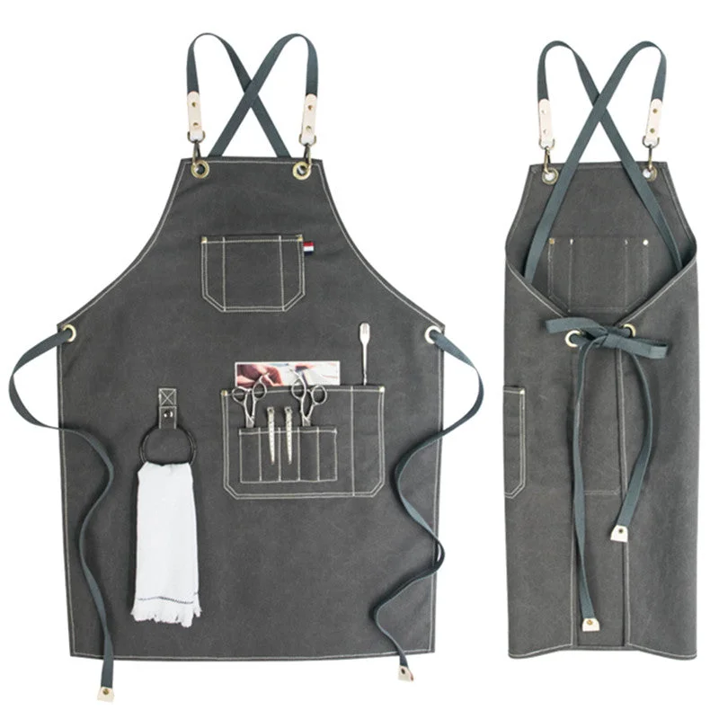 Cross-back Canvas Apron Gray Cafe Barista Bartender Pastry Restaurant Uniform Khaki Florist Barber Hairdresser Workwear