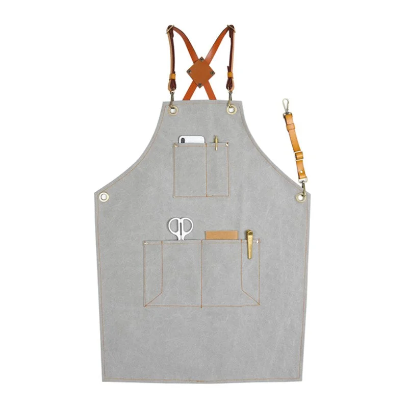 Cross-back Gray Canvas Apron Leather Straps Barista Bartender BBQ Chef Uniform Barber Florist Hairdresser Workwear