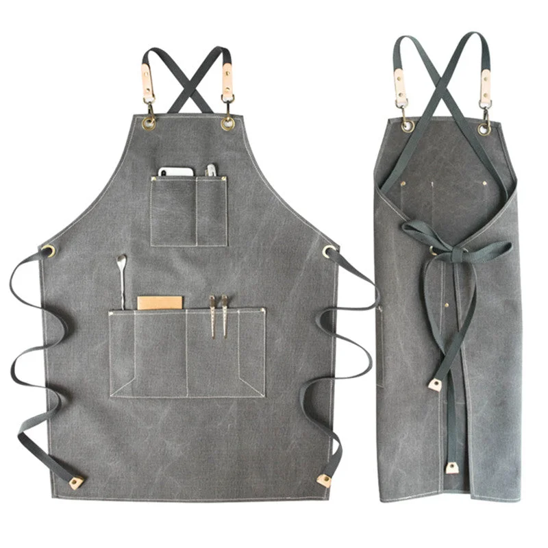 Cross-back Gray Canvas Apron Waitstaff Barista Bartender Pastry Chef Uniform Barber Hairdresser Florist Painter Work Wear