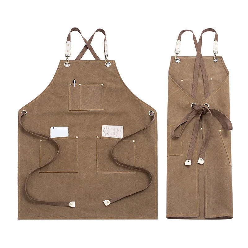 Cross-back Khaki Canvas Apron Gray Gardener Florist Workwear Pastry Chef Cafe Barista Bartender Bistro Restaurant Uniform