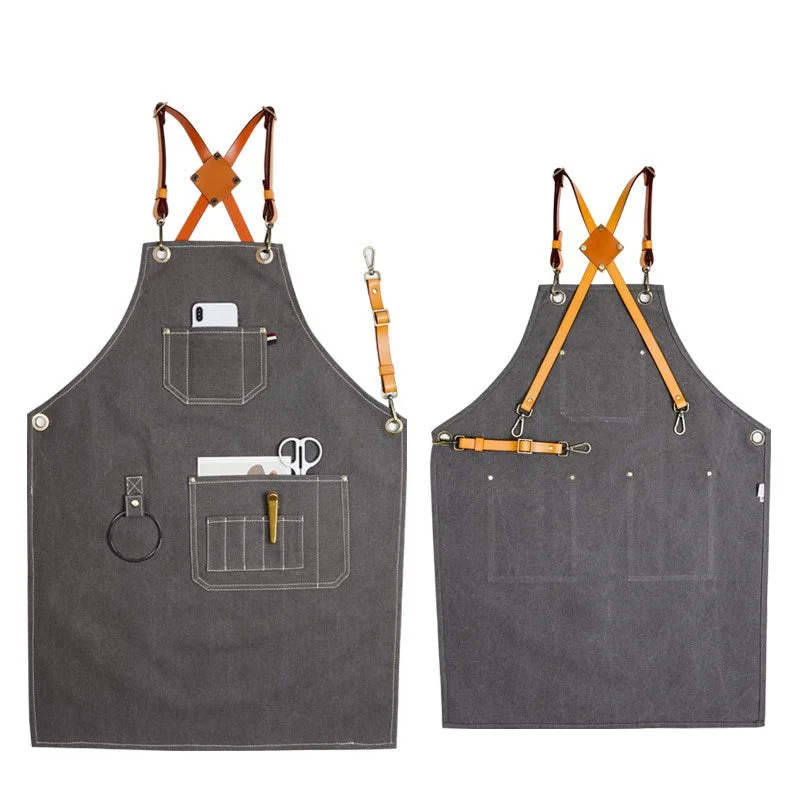 Gray Canvas Apron Cross-back Leather Strap Florist Hairdresser Barber Workwear Barista Bartender Pastry Chef Uniform