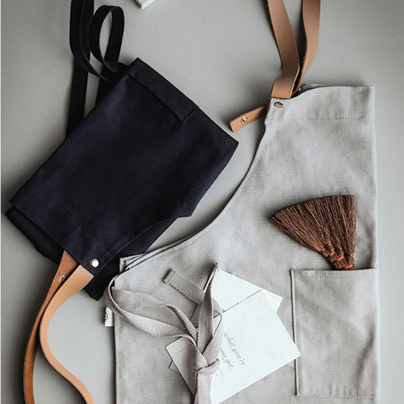 Gray Canvas Apron Leather Cotton Strap Blue Barista Baker Bartender Chef Culinary Uniform Cafe Pastry Restaurant Work wear