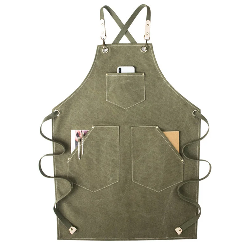 Green Cross-back Canvas Apron Gray Barista Bartender Restaurant Bistro Pastry Chef Uniform Florist Barber Hairdresser Gardener Workwear