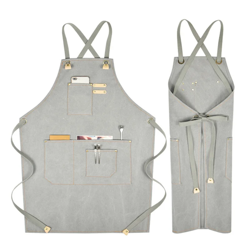 Khaki Cross-back Canvas Apron Gray Barista Bistro Restaurant Pastry Chef Uniform Florist Barber Hairdresser Work Wear