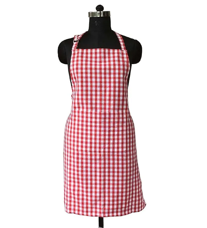 Lushomes Apron for Women, Checks Kitchen Apron for Men, Cooking Apron, apron for kitchen, kitchen dress for cooking, cotton apron for women with Adjustable Buckle, Size 64x81 cms, Colour Red, Pkof1