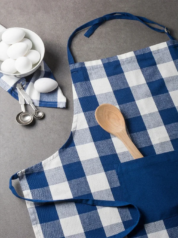 Lushomes Apron for Women, Checks Kitchen Apron for Men, Cooking Apron, apron for kitchen, kitchen dress for cooking, cotton apron for women, Size 70x80 cms, Colour Blue, Pack of 1