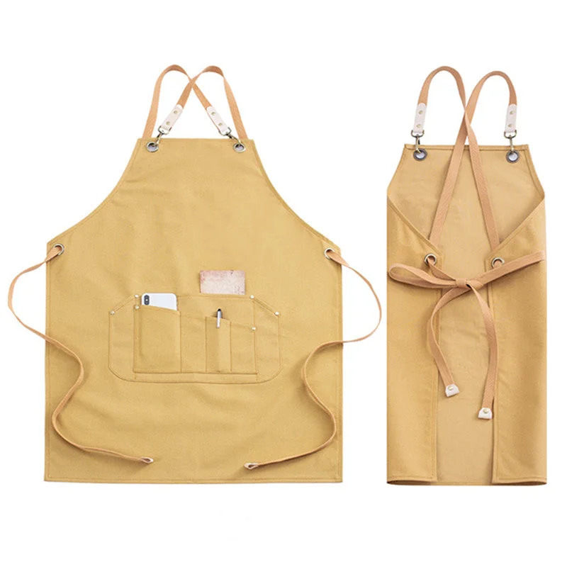 Yellow Cross-back Canvas Apron Gray Cafe Barista Bistro Restaurant Pastry Chef Uniform Florist Barber Hairdresser Workwear