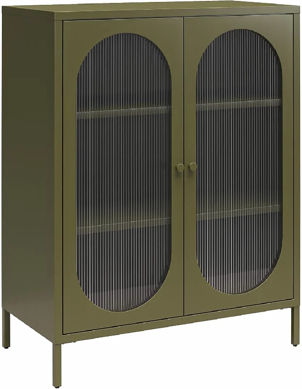 Mr. Kate Luna Short 2-Door Metal Accent Cabinet with Fluted Glass, Olive Green - $145