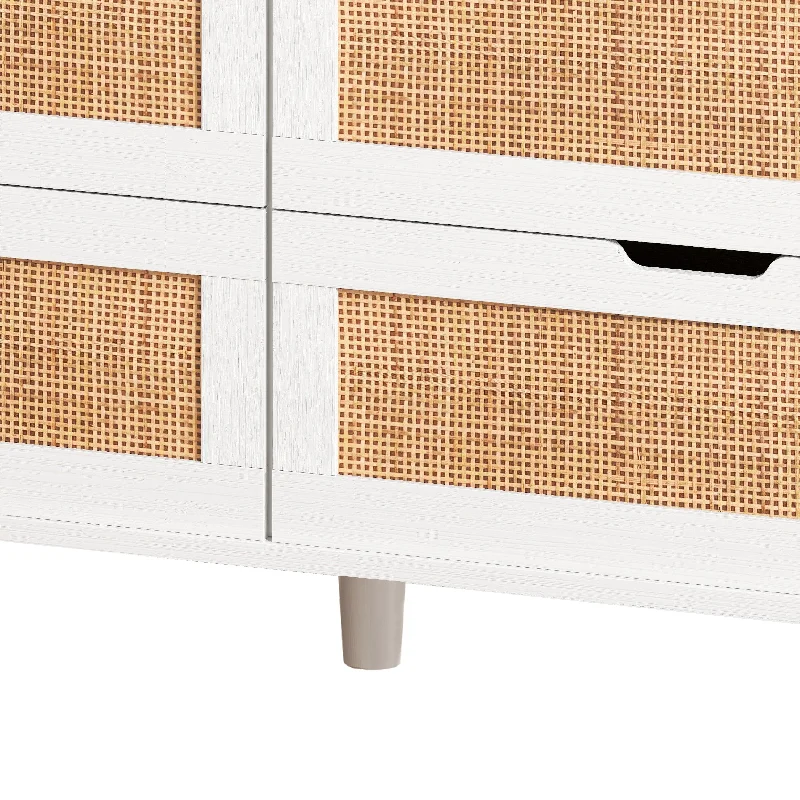 6-Drawers Rattan Accent Cabinet with LED Lights and Power Outlet, White