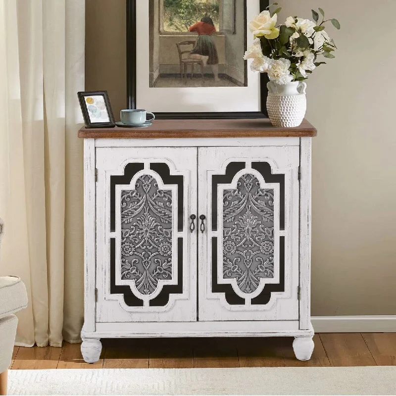 Accent Cabinet with 2 Doors, Distressed Storage Cabinet with Aluminum Embossed Doors, Floor Display Cabinet