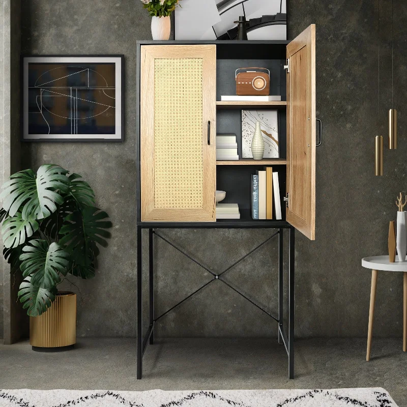 High Accent Cabinet with Two Rattan Doors and 3-Tier Shelving Natural and Black