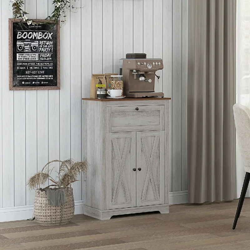 HOMCOM Farmhouse Barn Door Accent Cabinet, Kitchen Sideboard Storage Cabinet with Double Doors, Drawer, and Adjustable Shelf