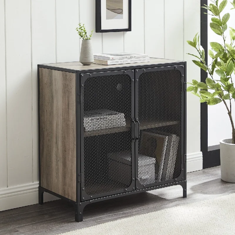 Industrial Wood and Metal Accent Cabinet, Grey Wash