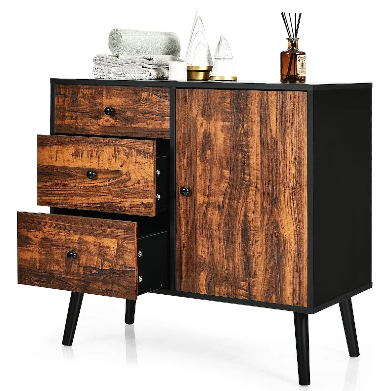 Retro Storage Cabinet, Wood Floor Storage Cabinet with 3 Drawers and 1 Cabinet w/Adjustable Shelf, Accent Cabinet