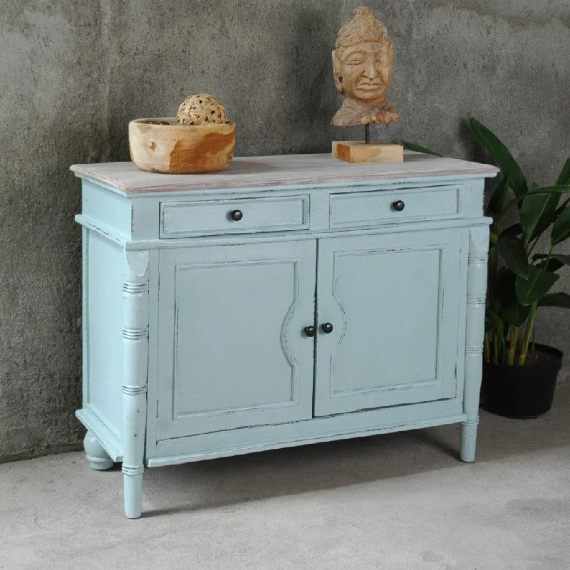 Shabby Chic Cottage Sky Blue and Lime Wash Accent Cabinet with 2 Doors and 2 Drawers - 45.5"L x 18.5"W x 36"H