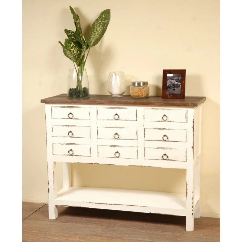 Shabby Chic Cottage White Wash Accent Cabinet with 9 Drawers - 42"L x 13.8"W x 34"H