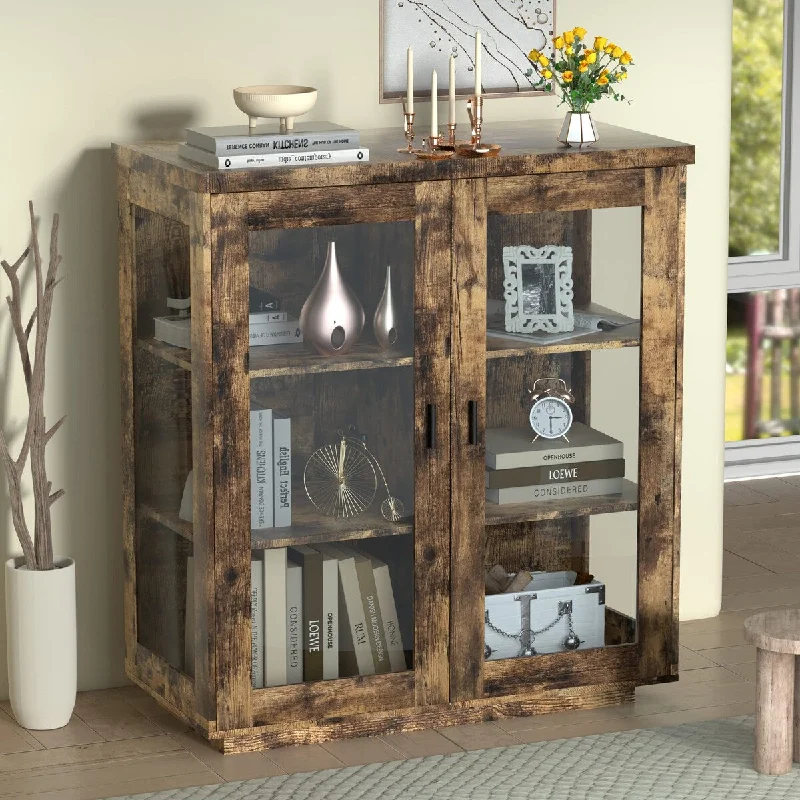 Storage Cabinet, Cube Bookshelf Bookcase Display Buffet Accent Cabinet with Shelves and Doors Organizer 3 Tiers Curio Cabinet