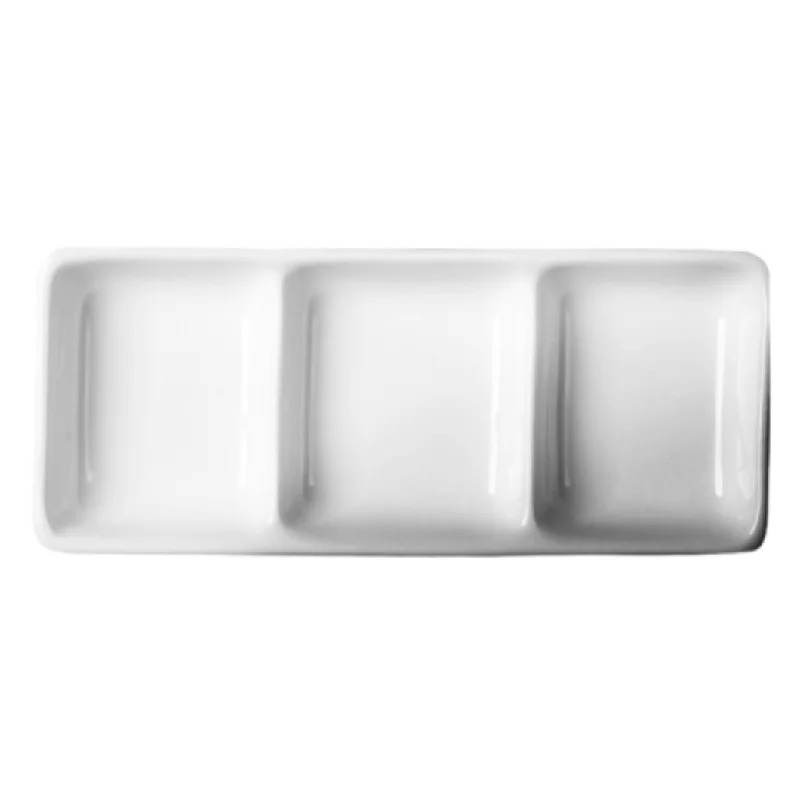 Cameo 9" x 4.25" Three Compartment Rectangle Dish, 4.5 Oz /Compartment, White, 36 /Case