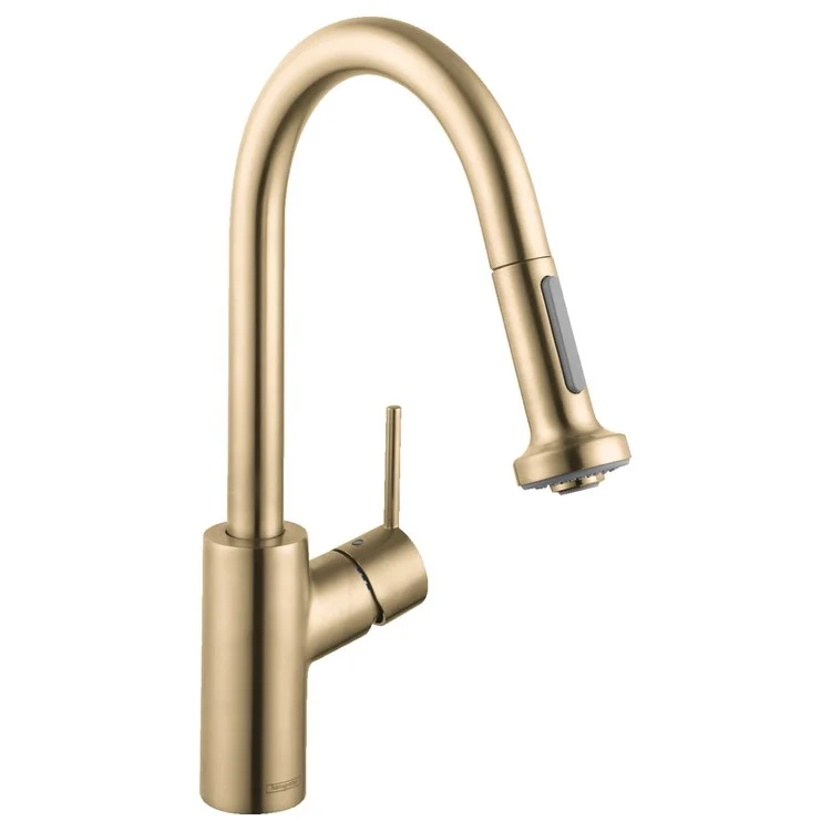 Kitchen Faucet Talis S2 1 Lever ADA Brushed Gold Optic Pull Down 2 Function Aerated Spray Needle Spray Gooseneck 150 Degree Swivel 1.75 Gallons per Minute