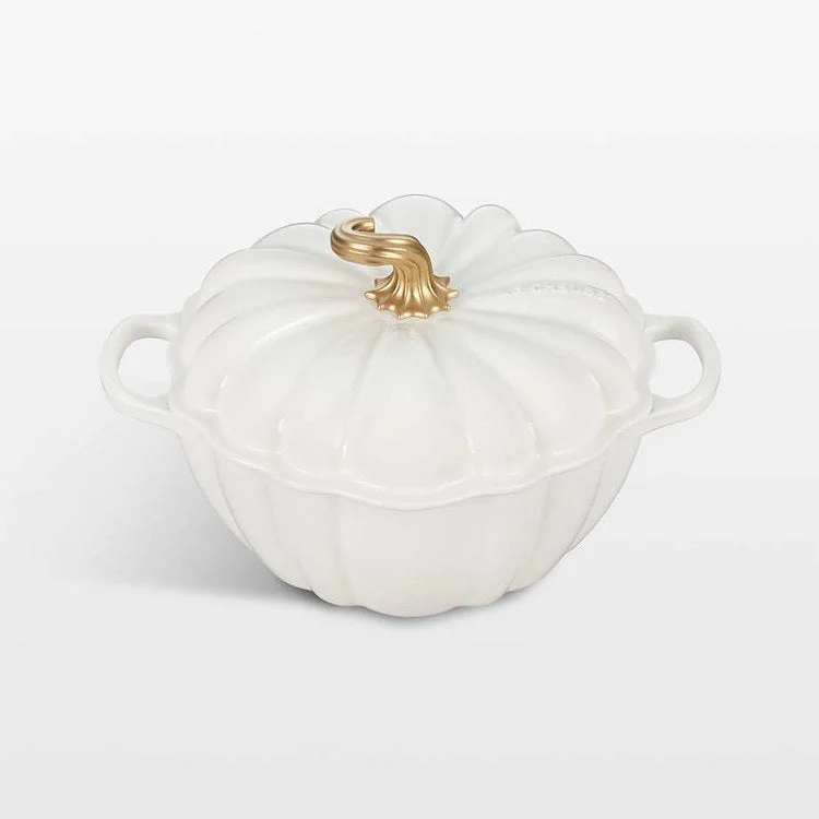 4-Quart Enameled Cast Iron Pumpkin Cocotte with Figural Knob - White with Gold Figural Knob