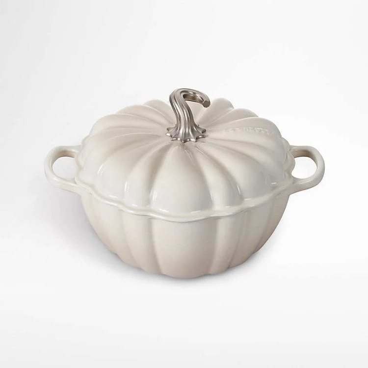 4-Quart Enameled Cast Iron Pumpkin Cocotte with Figural Knob - Meringue with Stainless Steel Figural Knob