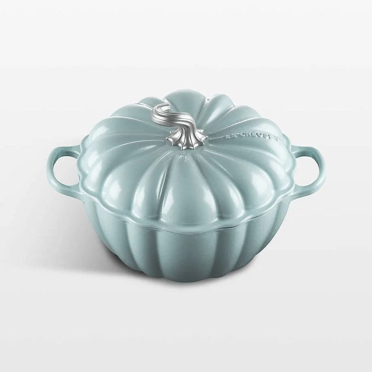 4-Quart Enameled Cast Iron Pumpkin Cocotte with Figural Knob - Sea Salt with Stainless Steel Figural Knob