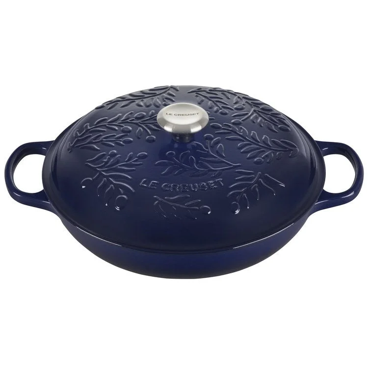 Olive Branch Collection 3.5-Quart Cast Iron Braiser with Embossed Lid and Stainless Steel Knob - Indigo - OPEN BOX