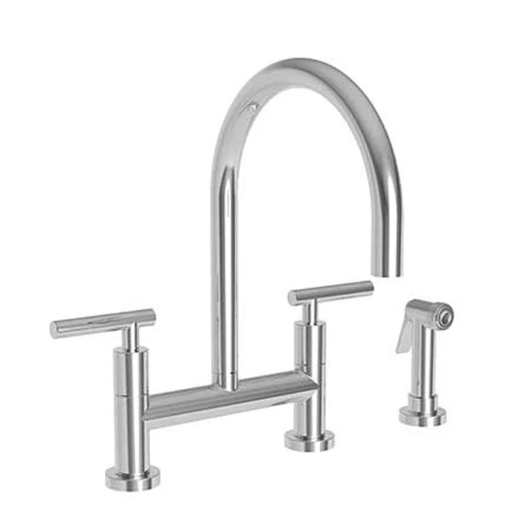 Kitchen Faucet East Linear Bridge 8 Inch Spread 2 Lever ADA Satin Nickel PVD Sidespray Spout Height 8-1/3 Inch 1.8 Gallons per Minute