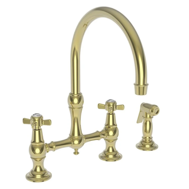 Kitchen Faucet Fairfield Bridge 8 Inch Spread 2 Cross ADA Polished Brass Uncoated Living Side Spray Spout Height 9 Inch Spout Reach 9 Inch 1.8 Gallons per Minute