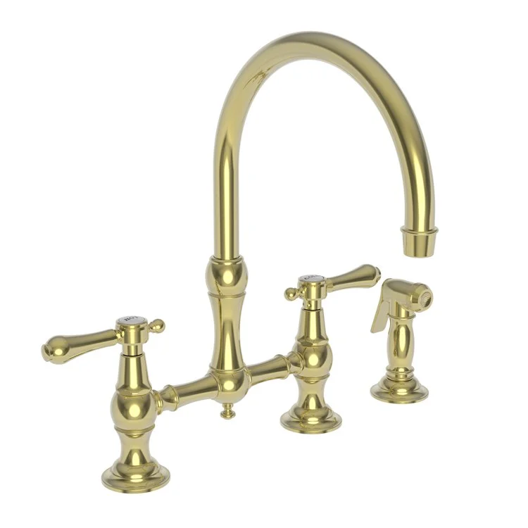 Kitchen Faucet Chesterfield Bridge 8 Inch Spread 2 Lever ADA Polished Brass Uncoated Living Pull Out Sidespray Spout Height 9 Inch Spout Reach 9 Inch 1.8 Gallons per Minute