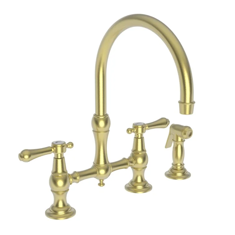 Kitchen Faucet Chesterfield Bridge 8 Inch Spread 2 Lever ADA Satin Brass PVD Pull Out Sidespray Spout Height 9 Inch Spout Reach 9 Inch 1.8 Gallons per Minute