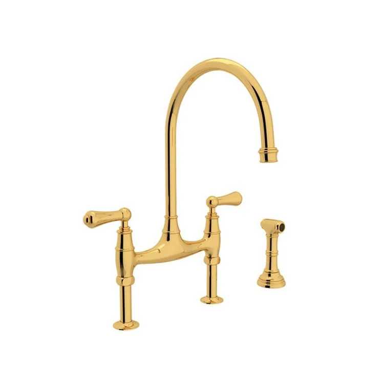 Kitchen Faucet Georgian Era 7-7/8 Inch Spread 2 Lever English Gold Bridge Swivel Spout 1.8 Gallons per Minute