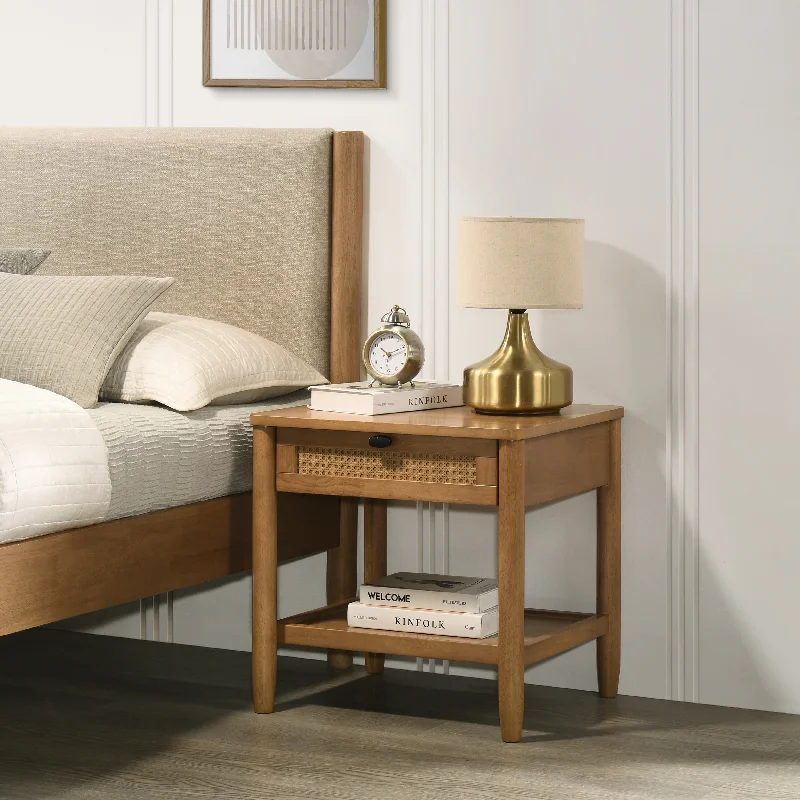 Bedroom Nightstand, Single-drawer Accent Cabinet Small Storage Cabinet, Light Walnut Bedside Table Wooden Corner Cabine