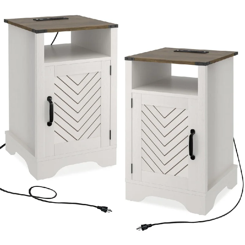 Modern White Accent Cabinet Night Stands Set of 2, Wooden Bookcase For Bedrooms, Nightstands With Charging Station